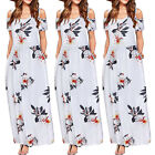 Women Summer Cold Shoulder Floral Print Elegant Maxi Long Dress Pocket Sundress
