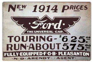 1914 FORD CAR PRICES 18" HEAVY DUTY USA MADE METAL AUTOMOBILE ADVERTISING SIGN - Picture 1 of 1