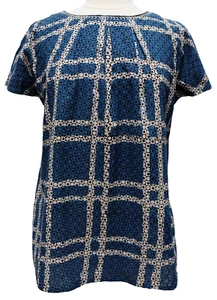 Anokhi printed summer blouse - Indigo Check - scoop neck with pleats, cotton - Imagen 1 de 3