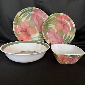 GIBSON HOME HIBISCUS AND PALM MELAMINE DINNERWARE-12 PIECE SERVICE FOR 4 