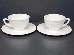 Set of 2 Indiana Glass Colony Harvest Grape Leaves Milk Glass Cups & Saucers - Picture 1 of 10
