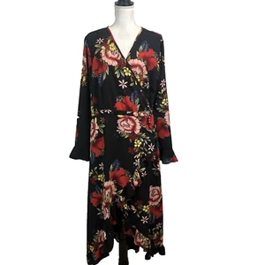 Boohoo Wrap Dress Plus size 16 Black Red Floral Ruffles Modest Wedding Church - Picture 1 of 13