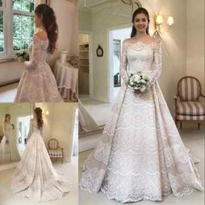 Vintage Wedding Dresses with Long Sleeves Off Shoulder Lace Applique Bridal Gown - Picture 1 of 9