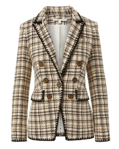 AUTH VERONICA BEARD LAWRENCE CROCHET-TRIM TWEED DICKEY JACKET Ecru Ochre 6 - Picture 1 of 9