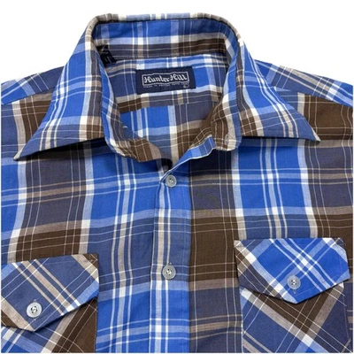 Hunter Hill Button Down Shirt Large Brown Blue Plaid 70’s British Hong Kong EUC! - Image 1 of 4
