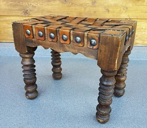 Vintage Spanish Mexican Hand Woven Leather  & Wood Studded Stool Turned Legs - Picture 1 of 12