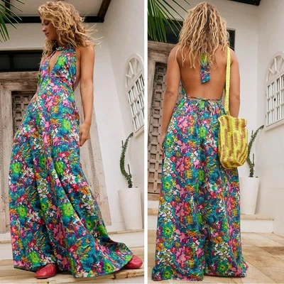 Maxi Vestido Free People Retro Años 60 70 Floral Psicodélico Azafrán Halter Grande Foto 1 de 4