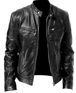 Men’s Cafe Racer Jacket Black & Brown Genuine Sheepskin Leather Motorcycle Coat - Picture 1 of 18