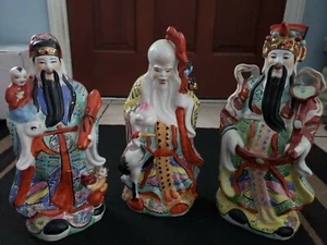 Vintage Chinese Rose Famille Lucky Gods Fu Lu Shou San Xing Porcelain Taoist 15" - Picture 1 of 12