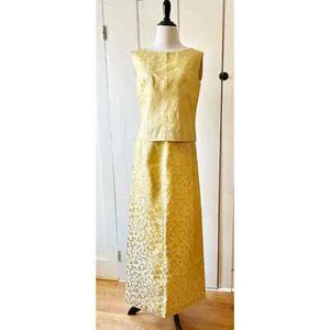 Vestido de cóctel brocado floral dorado vintage años 60 hecho a mano 2 piezas - Imagen 1 de 17