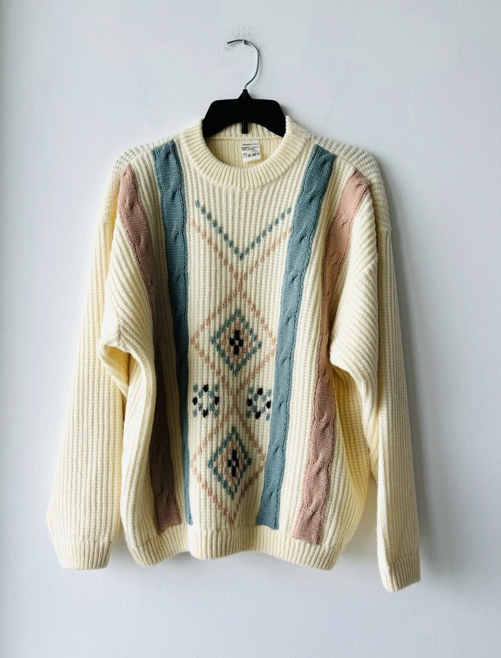 Men’s 90s Vintage Cable Knit Sweater Ivory Pink Blue Wool Blend Grandpa Medium - Image 1 of 4