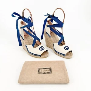 Gucci Judit GG Espadrille Wedge Sandals EU 38.5 US 8.5 Beige Blue Ankle Wrap - Picture 1 of 11