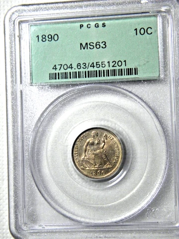 1890 LIBERTY SEATED DIME PCGS MS63 OLD GREEN HOLDER CHOICE AND BRILLIANT Cover