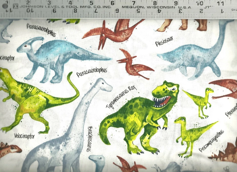 Timeless Treasures ~ Dinosaurs & Names on White ~ 100% Cotton Quilt Fabric BTY - Image 1 of 1