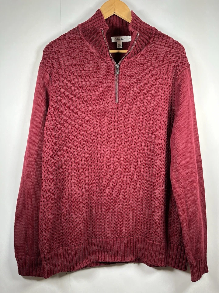 Calvin Klein Men’s Waffle Knit Zip Up Pullover Sweater Red Maroon Size XL - Image 1 of 4