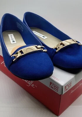 American Eagle Mujer Azul, Gamuza Imitación Oro Hebilla Frontal, Mocasines Planos, Talla 8.5 Foto 1 de 4