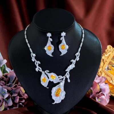 Silver Plated CZ Yellow Dangle Drop Leaf Wedding Necklace Earrings Jewelry Set - Image 1 of 4
