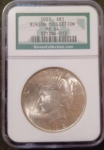 1922 1 $ Peace Dollar aus der Binion Sammlung NGC MS64 - Bild 1 von 4