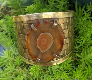 Unique Agate Slice Chunky Bohemian Woven Brass Gemstone Cuff Bangle .A47a - Bild 1 von 11