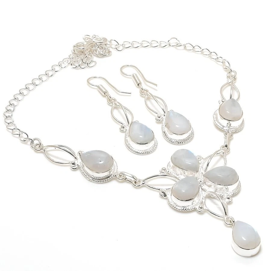 Collar de joyería de plata de ley 925 hecho a mano con piedras preciosas de luna talla 18" Foto 1 de 1