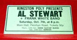 Al Stewart/Genesis Kingston Gig Vintage ORIG 1972 Press/Mag ADVERT 3.5"x 1.5" - Imagen 1 de 3