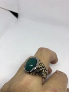 Vintage Stainless Steel Genuine Green Chrysoprase 11.5 Men's Ring