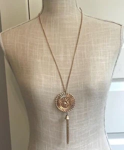 Gold Tone Open Disk Medallion Pendant with Tassel 28" Chain Necklace - Picture 1 of 6