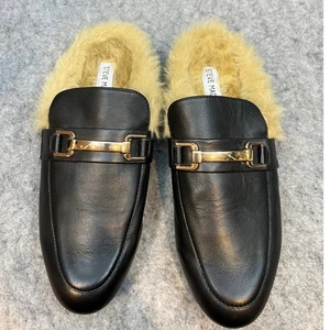 Steve Madden Women's Black Leather Faux Fur Lined Loafer Mules Size 10 - Picture 1 of 7