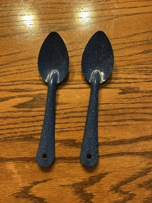 TWO Blue & White Speckled Enamelware Spoons - Image 1 of 3