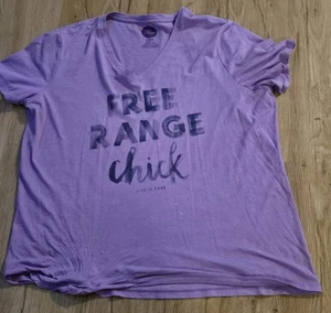 LIFE IS GOOD Shirt FREE RANGE CHICK V-Neck Classic Fit Cotton Purple Sz XL *flaw - Picture 1 of 5
