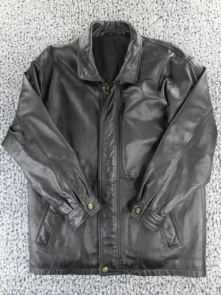 Chaqueta de cuero negra para hombre Abrigo a presión con cremallera mediana Vintage Moto Bomber Estilo M Foto 1 de 4