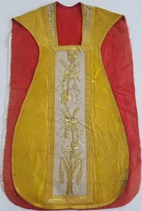 Antique Silver Gold Plated Vestment - Wheat & Vine Metallic Embroidery 110x67cm - Picture 1 of 13