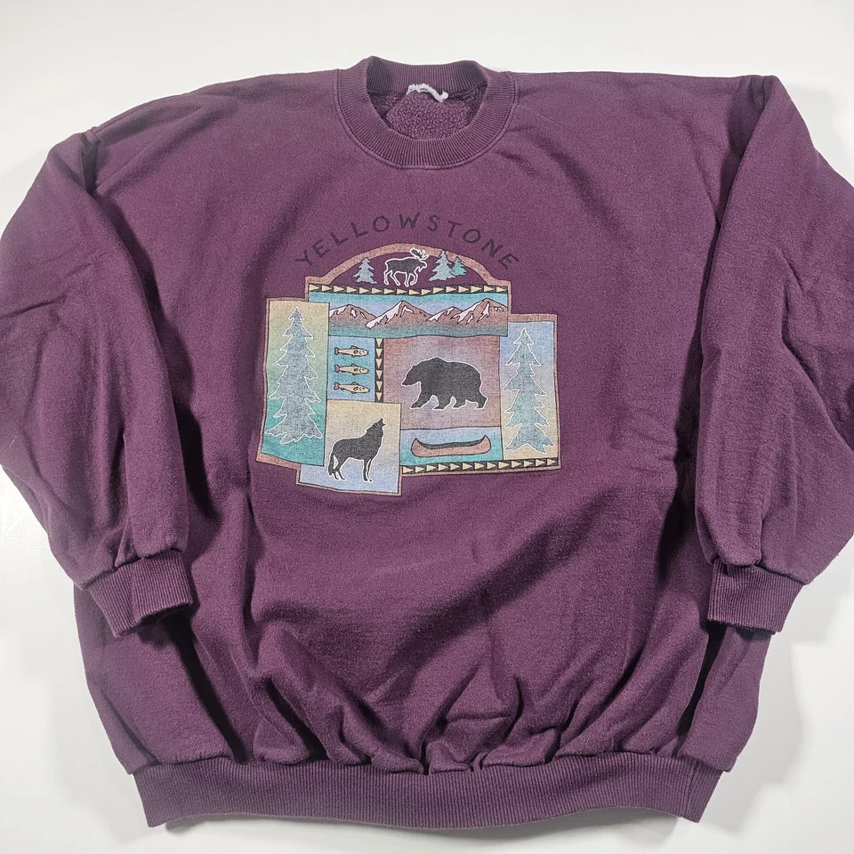 Moletom vintage Yellowstone gola redonda anos 90 roxo vida selvagem urso lobo tamanho XL - Imagem 1 de 4