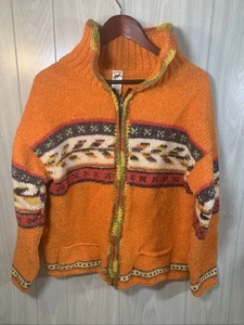 Ecuador Llama Wool Sweater Women’s Large Orange Full Zip INCA-PACHA Arts Crafts - Picture 1 of 13