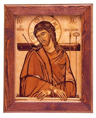 Jesus Christ Orthodox Greec Byzantine Christian Icon on Wood  marquetry picture - Image 1 of 4