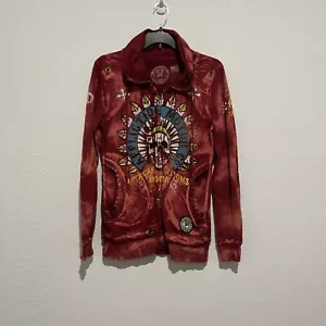 Affliction Women’s American Custom Red Distressed Skull Zip Up Jacket Size Large - Picture 1 of 5
