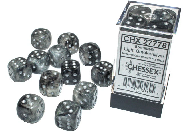 CHX 27778 DICE SET Borealis: 16mm d6 Light Smoke/silver Luminary Dice (12 dice) - Image 1 of 1