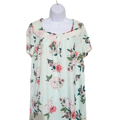 Camisón Adonna para mujer pequeño tejido suave verde floral manga corta hasta la rodilla Foto 1 de 4