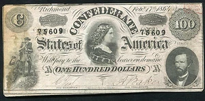 T-65 1864 100 $ EINHUNDERT CSA KONFÖDERIERTE STAATEN VON AMERIKA "LUCY PICKENS" - Bild 1 von 2