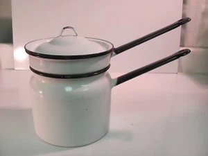 Vintage Enamelware Double Boiler With Lid, White with Black Trim - Picture 1 of 15