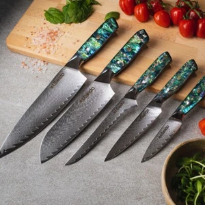 Seido Knives Awabi Damascus Steel Versatile Chef Knife Set VG10 Super Steel - Picture 1 of 23
