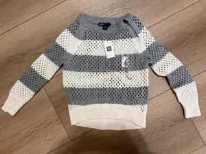 New Gap Kids Girls Knit Sweater Neck Zipper Gray Cream Stripe XS (4-5) - Picture 1 of 7