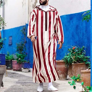 Male Casual Robe Muslim Hooded Thobe Long Striped Print Half Sleeve Jubba - Picture 1 of 8