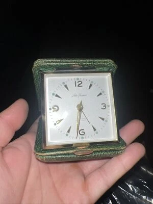 Vintage Seth Thomas Eight Day Travel Alarm Clock  Wind Up Leather Green Case - Image 1 of 3