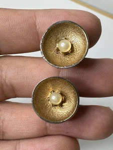 Vintage Pionier Manschettenknöpfe goldfarben rund Kegel mit Perle #3E - Bild 1 von 7