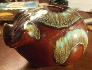 Vintage 1957 Corky Piggy Bank Hull Pottery USA Brown Turquoise Drip Glaze w/Cork - Picture 1 of 8