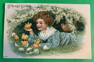 Small Boy w/ Chicks, Chicken & Eggs ~ Easter Postcard ~ 1908 Posted ~ Embossed - Picture 1 of 2