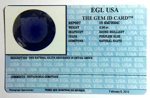 EGL USA CERTIFIED NATURAL IOLITE PURPLISH BLUE 0.56 CT. ROUND BRILLIANT SHAPE  - Picture 1 of 3