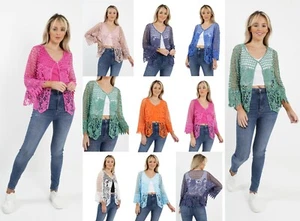 Womens Mesh Net Embroider Shrug Cardigan Ladies 3/4Sleeve Tie Up Lace Bolero Top - Picture 1 of 1