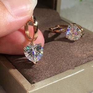 Women 14K Rose Gold Earrings White Sapphire Love Heart Cut Ear Drop Jewelry